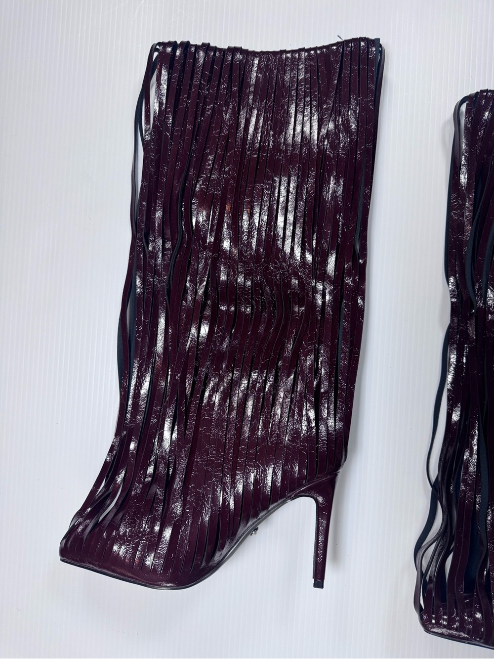 Burgundy Fringe Stiletto Boots | Patent Leather Look | NWT | Sizes 7–8.5
